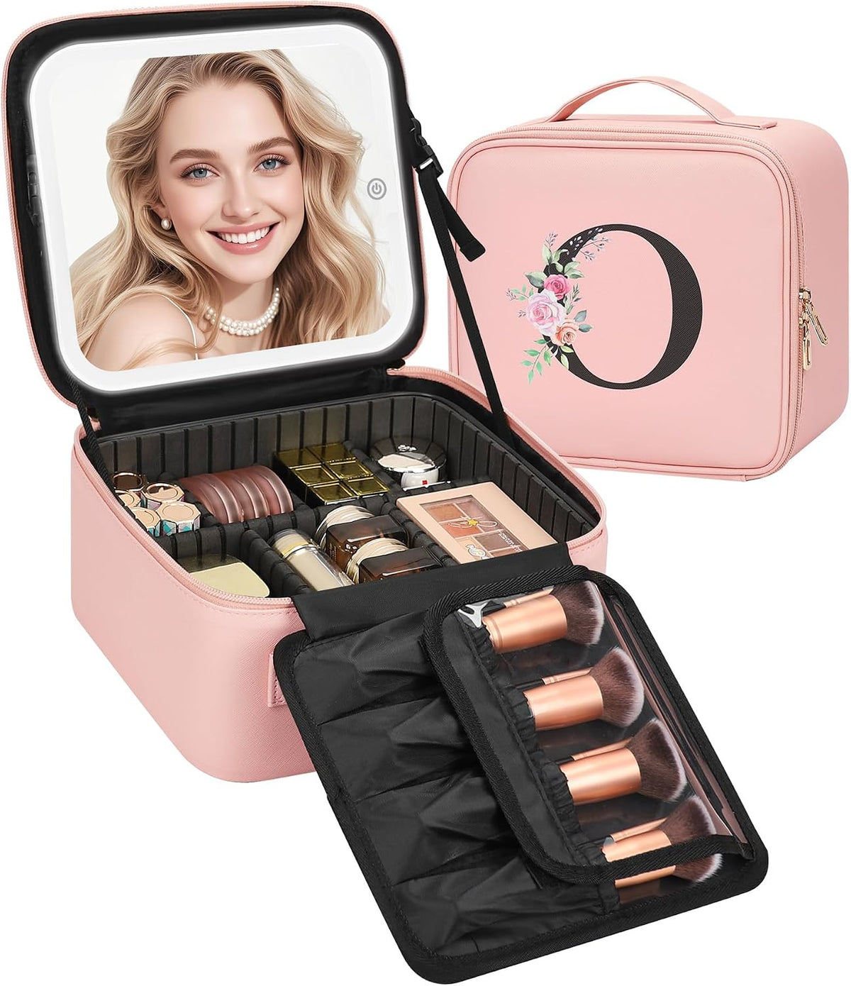 Relavel Initial Makeup Bag with LED Mirror for Women Girls, Personalized Travel Cosmetic Organizer Train Case, Birthday Gifts for Grandkids Bridesmaid Graduation Teacher Friends, Trendy Stuff, Pink O