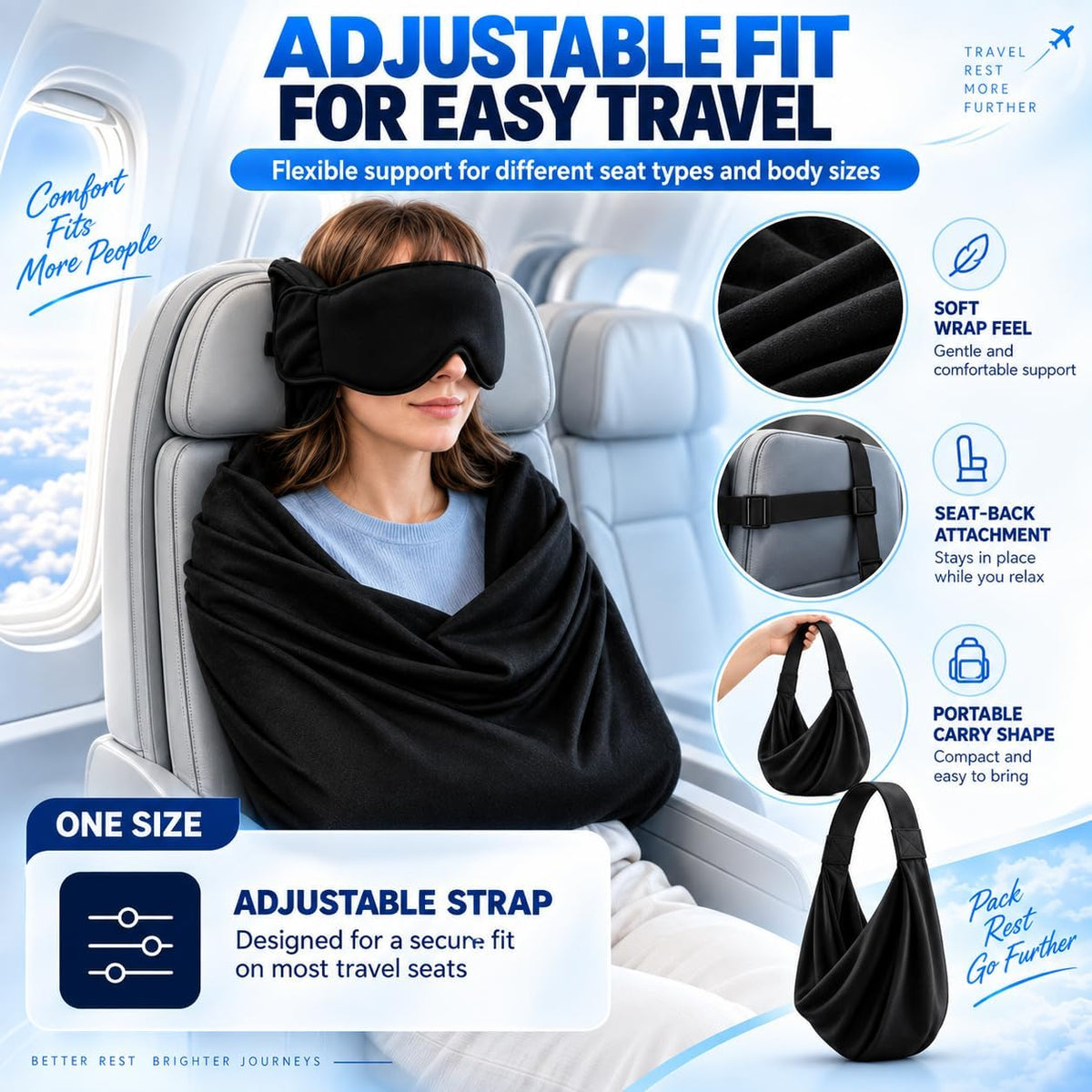 3-in-1 Airplane Sleep Support System, Memory Foam Long Haul Flight Pillow with Adjustable Travel Eye Mask and Blanket-Like Body Sling, Sleeper Hold for Flight Car Train
