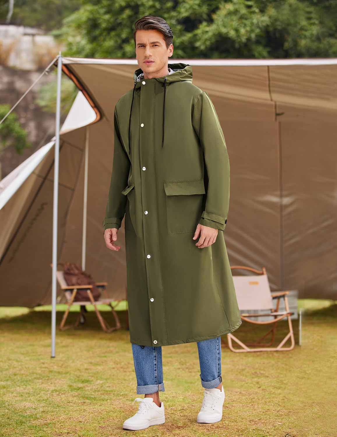 COOFANDY Long Rain Coats for Men Waterproof Trench Jacket with Hood