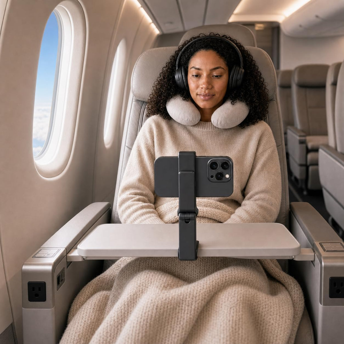 Hands-Free Airplane Phone Holder - Eye-Level Travel Mount for Flight Tray Table, Portable Clip-On Stand for Desk, Train, Luggage - Travel Essentials