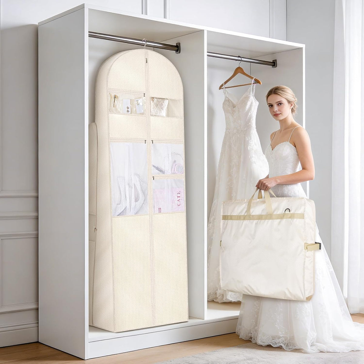KEEGH 72 in Wedding Dress Garment Bag Luxury Plaid Dress Bag, Beige
