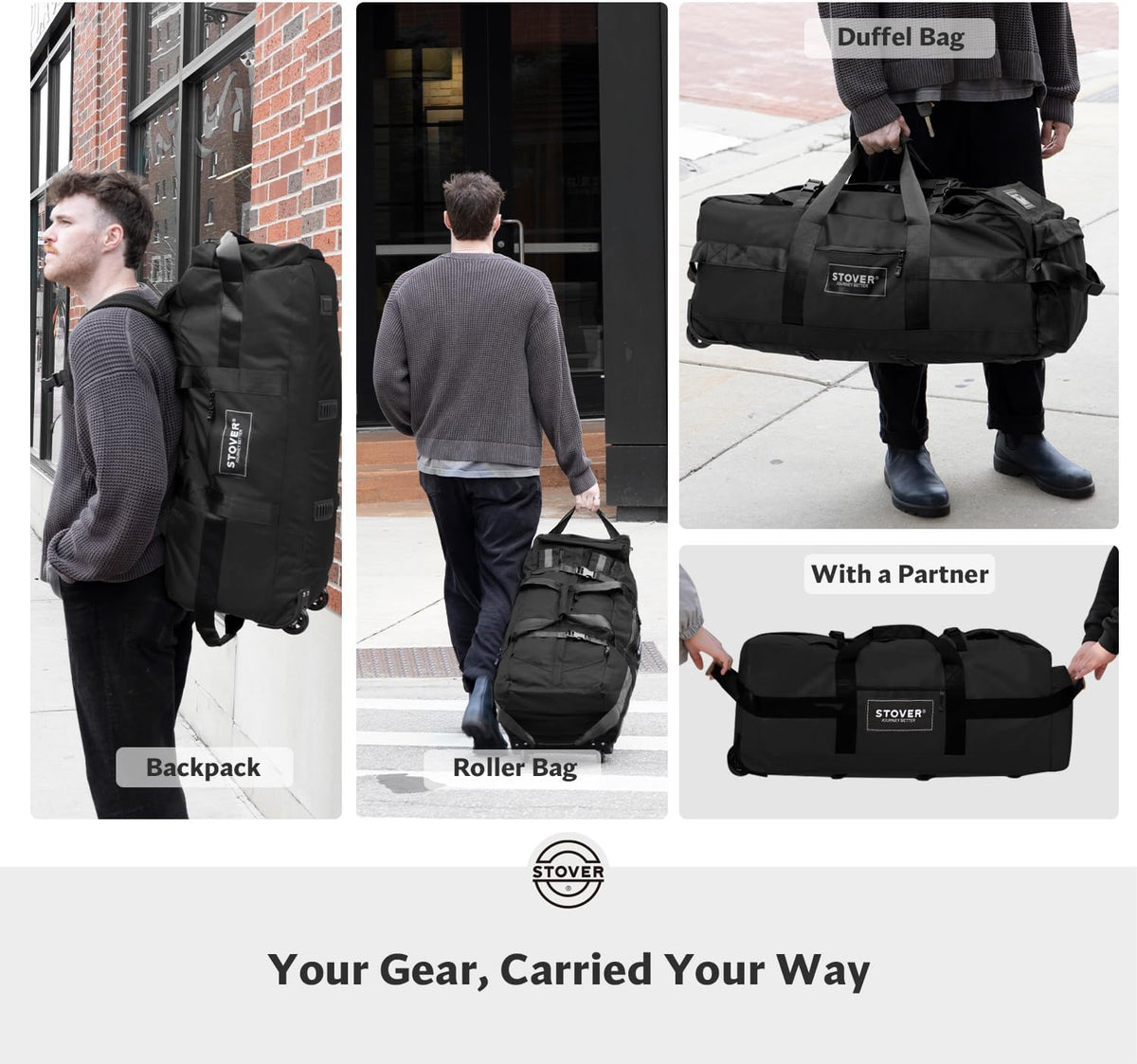 STOVER 45/80/100/120L Rolling Duffel Bag with Wheels, X-Large Durable Travel Duffle + Toiletry Bag, Heavy Duty, Packable with Shoulder Straps- Use as Luggage or Backpack, Men/Women (Black)