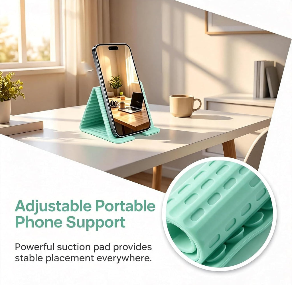 Flexible Silicone Aluminum Phone Holder, Portable Phone Holder with Charging Port Cutout and Suction Cups, Foldable&Rollable, Non-Slip Desk Mount for Airplane Travel