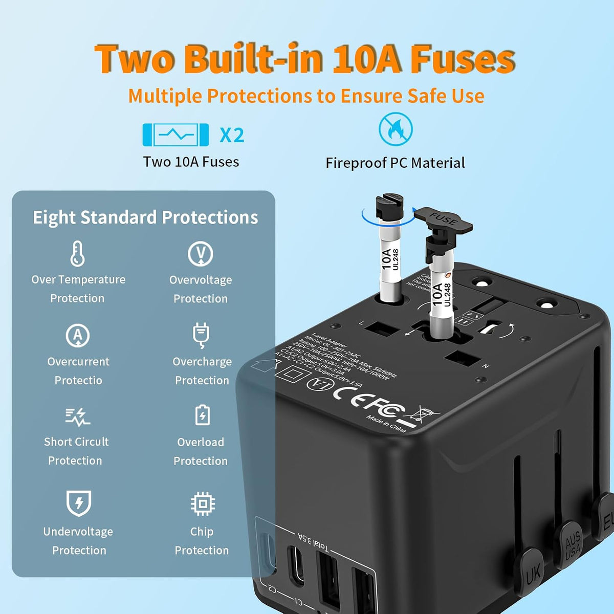 CC Store Universal Travel Adapter with 3 USB-C＆ 2 USB-A Ports 17.5W Black