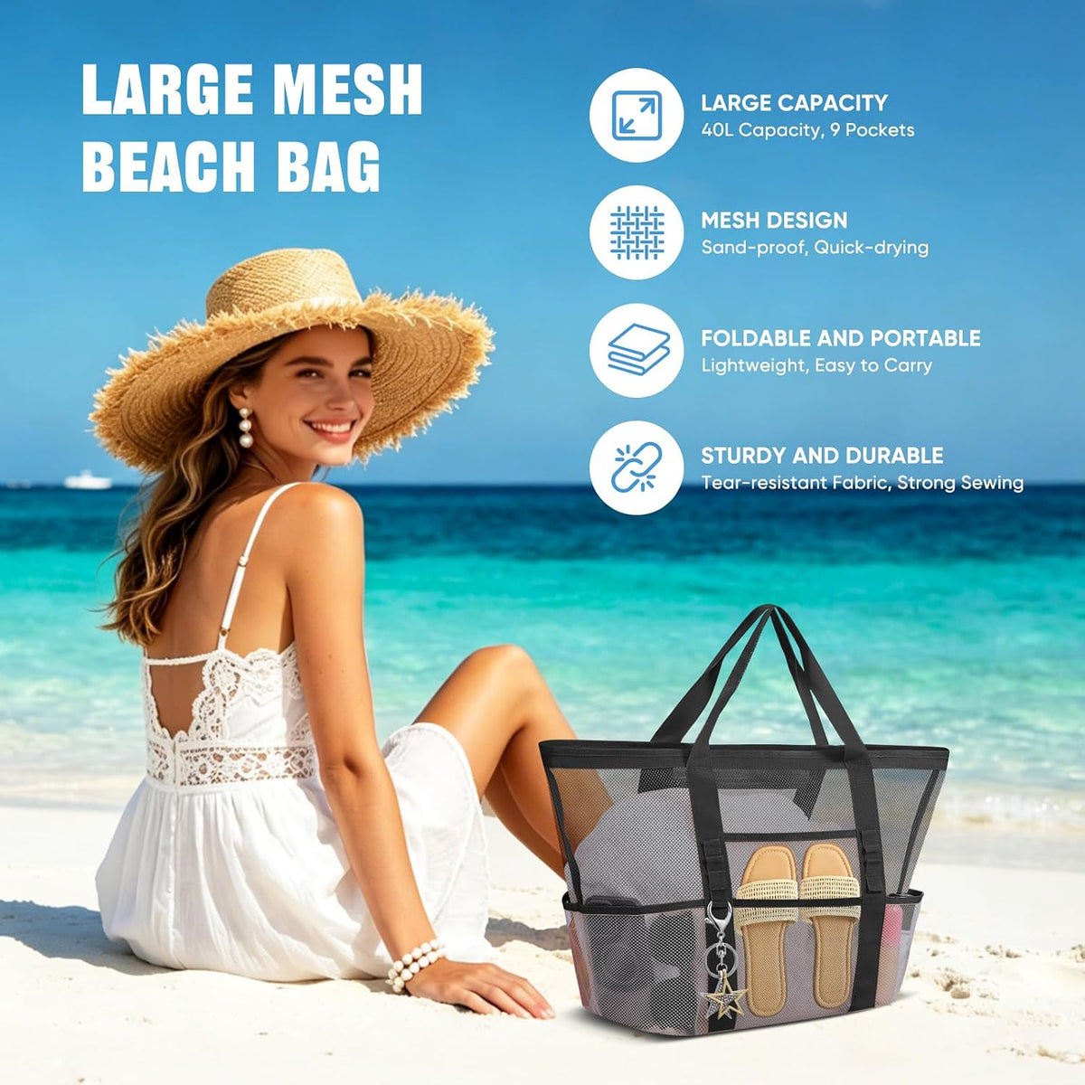 Large Mesh Beach Bag for Women, Sandproof 9-Pocket Beach Tote Bag, Quick-Drying Pool Bag for Travel Vacation