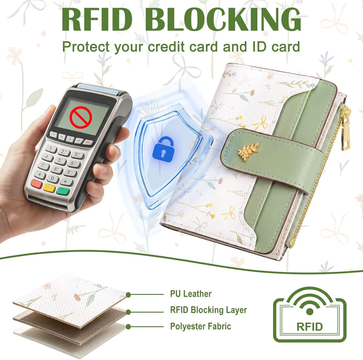 Small Wallets for Women RFID Blocking Bifold PU Leather, 8 Card Slots, Zipper Coin Pocket, Slim Credit Card Holder Travel Wallet, Green 4.9x3.5inch