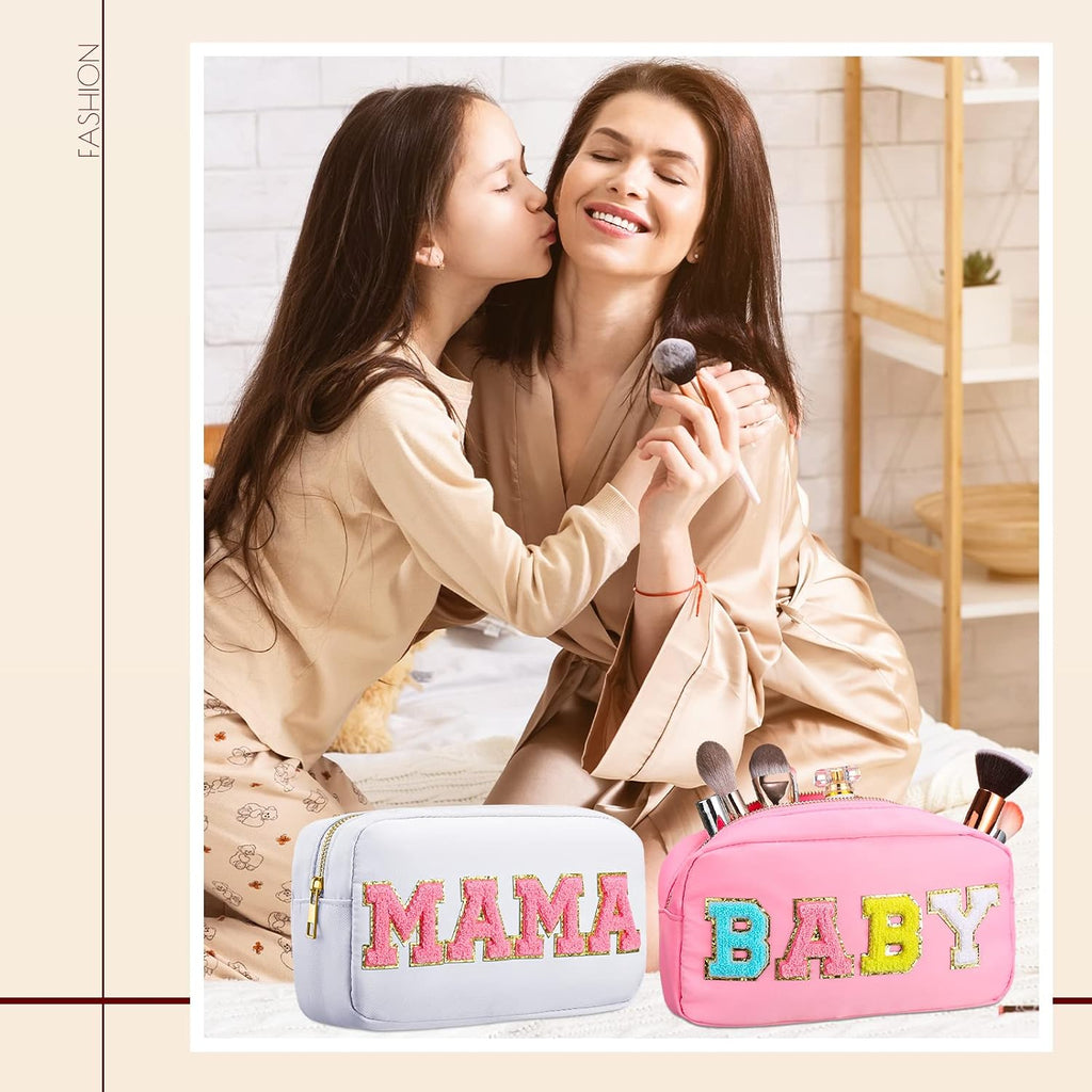 Sanwuta 2 Pcs Mama and Baby Makeup Bags Chenille,White, Pink,Baby and Mama