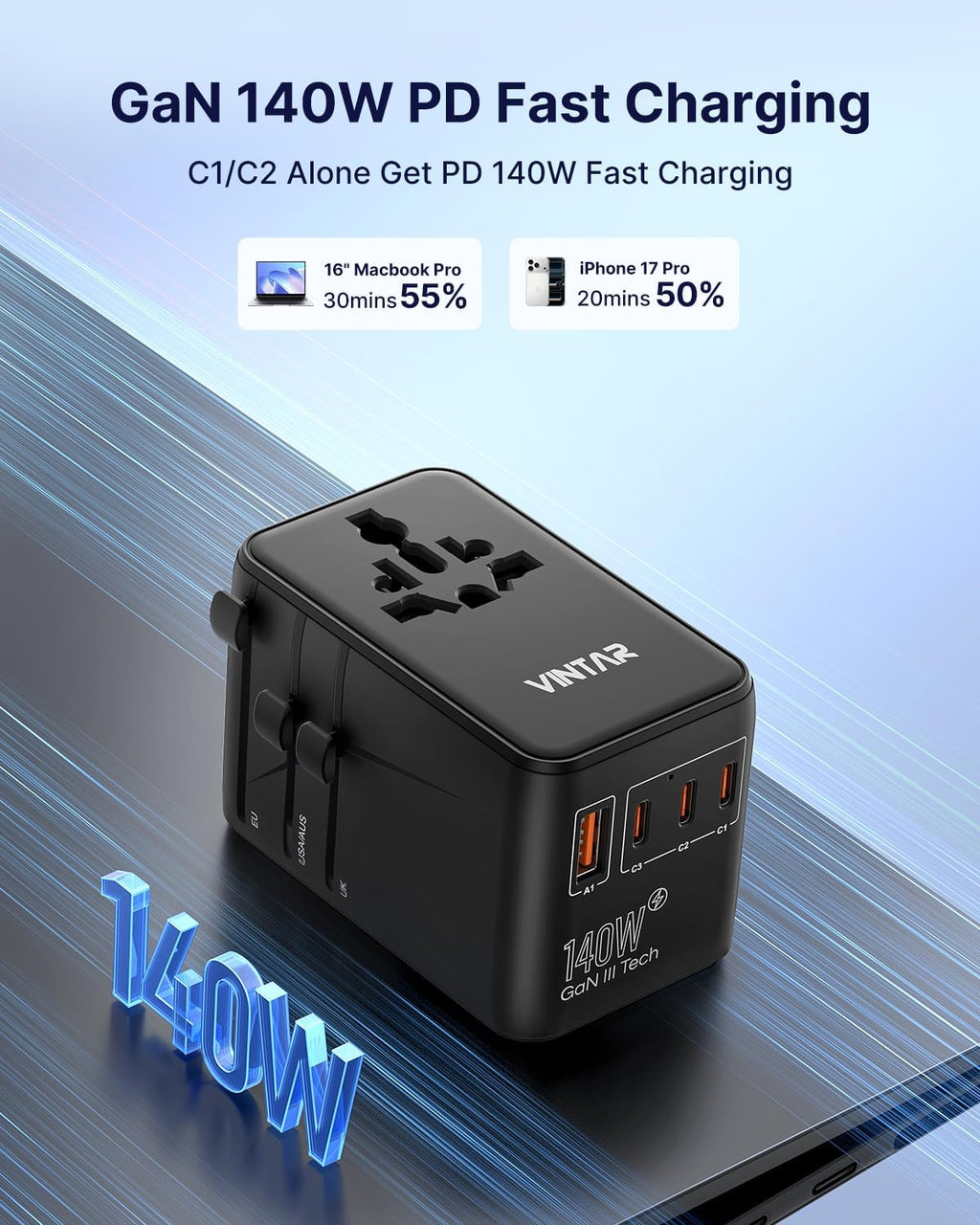 VINTAR 140W GaN Universal Travel Adapter for Europe/UK/US/AU 200+ Countries