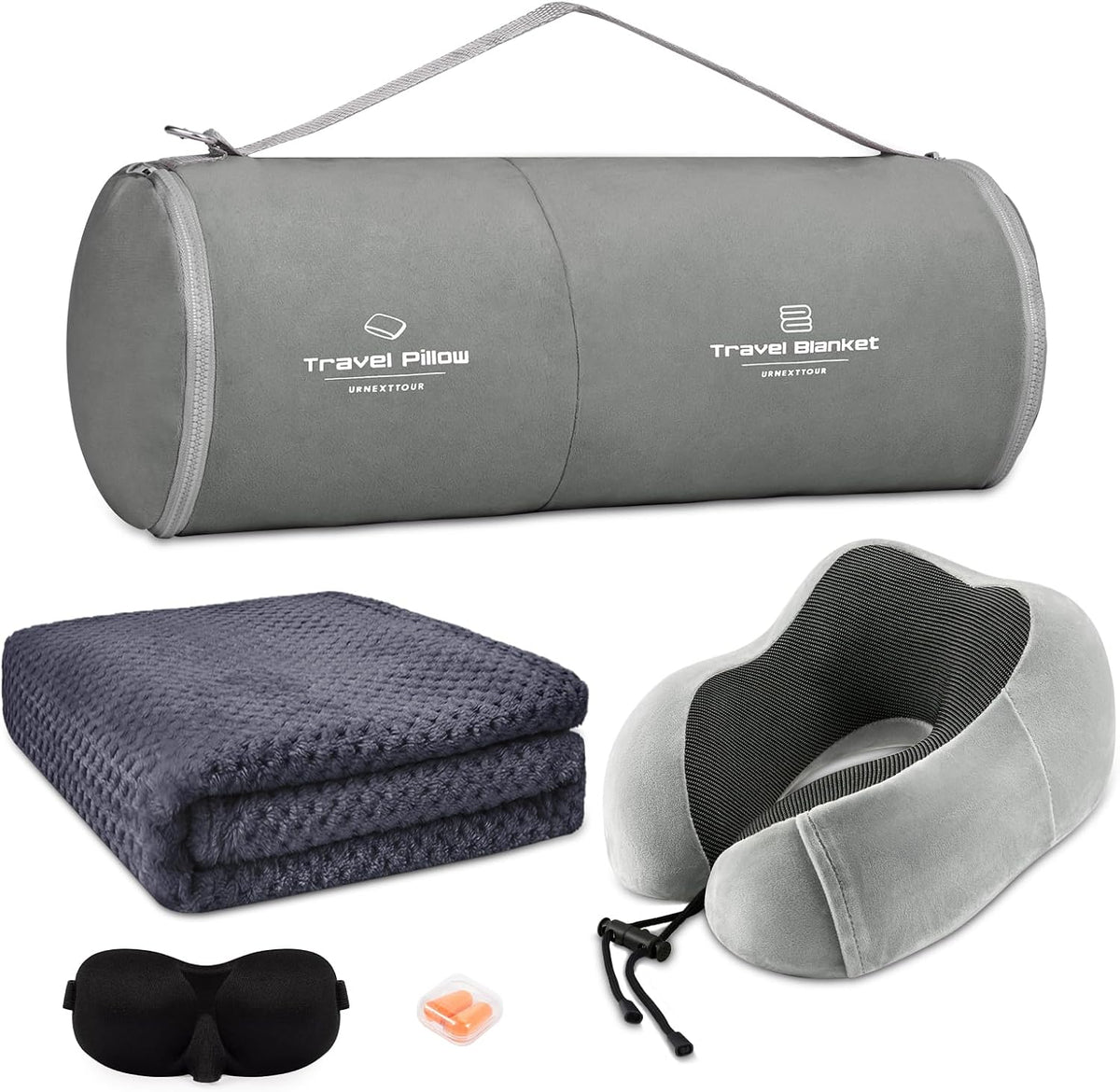 urnexttour Travel Pillow and Blanket Set Neck Pillow Airplane Memory Grey