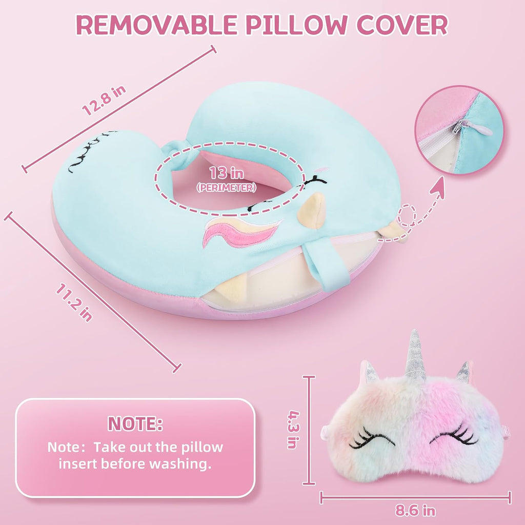 Toddler Neck Pillow, Kids Travel Neck Pillow for Traveling with Eye Mask, Toddler Cute Unicorn Airplane Travel Essentials, Memory Foam Car Flight Sleeping Headrest for Baby Boy Girl Child Gift (Blue)