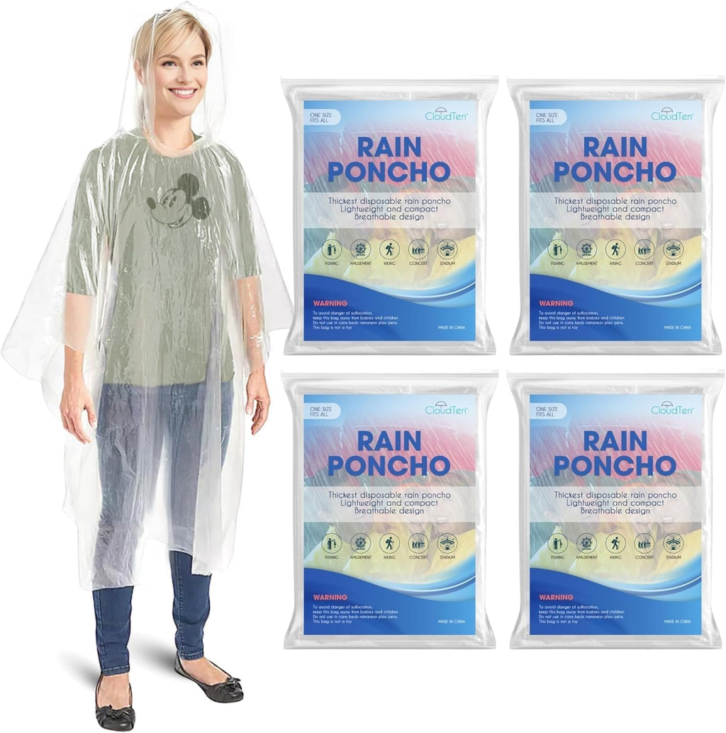 CloudTen Clear Rain Ponchos for Adults (4 Pack) | Thick and Compact Clear Disposable Rain Ponchos Family Pack - Camping Essentials and Good for Disney World Essentials
