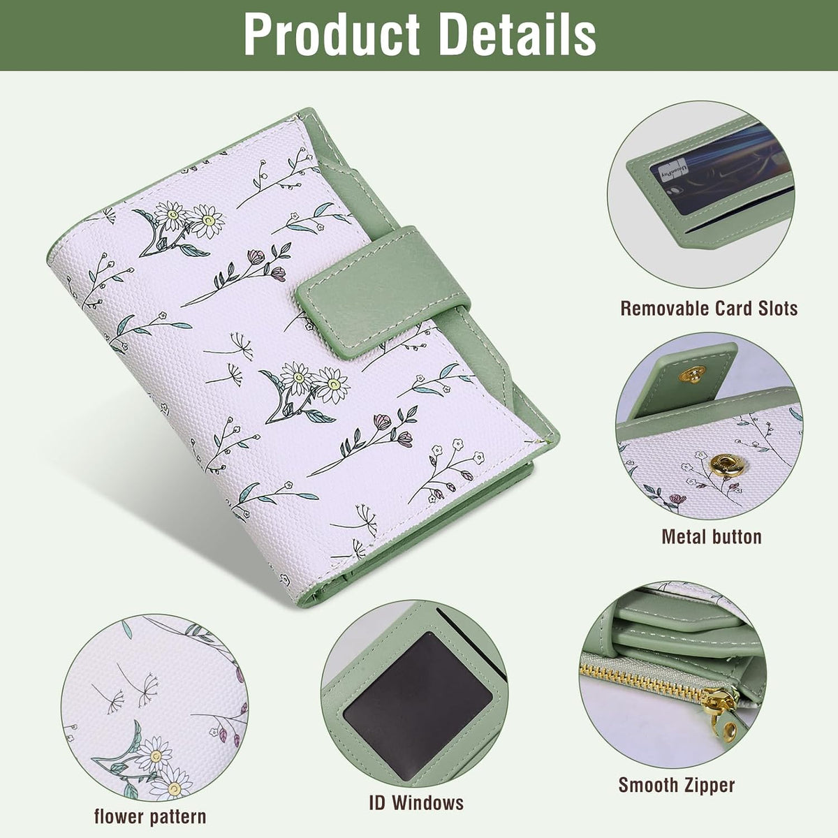 Small Womens Wallet-soft Leather RFID Blocking Bifold Zipper Pocket Credit Card Purse-Floral Pattern Wallet with ID Window (green)