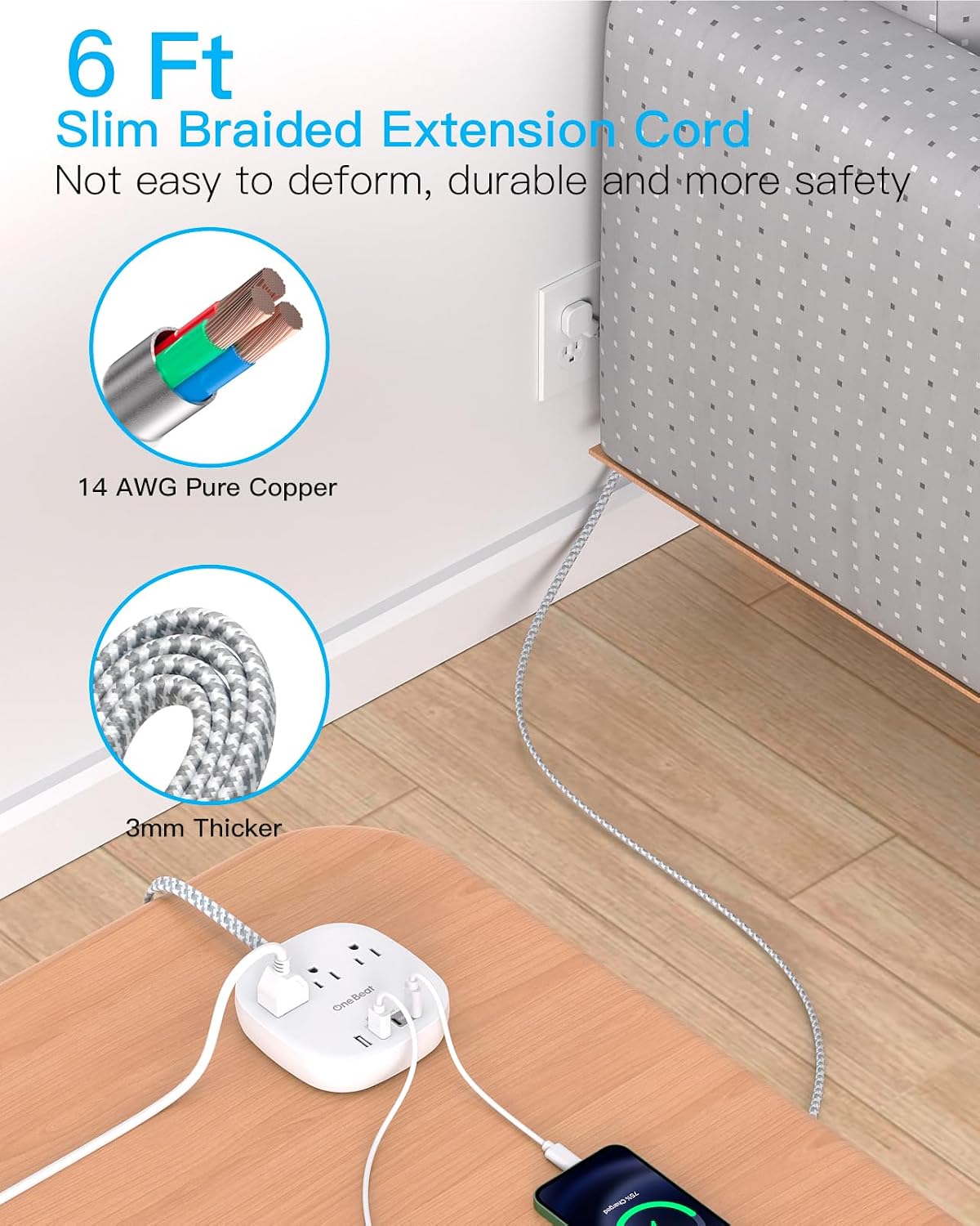 10 Ft Long Extension Cord, 22.5W/4.5A Cruise Ship Flat Plug Power Strip