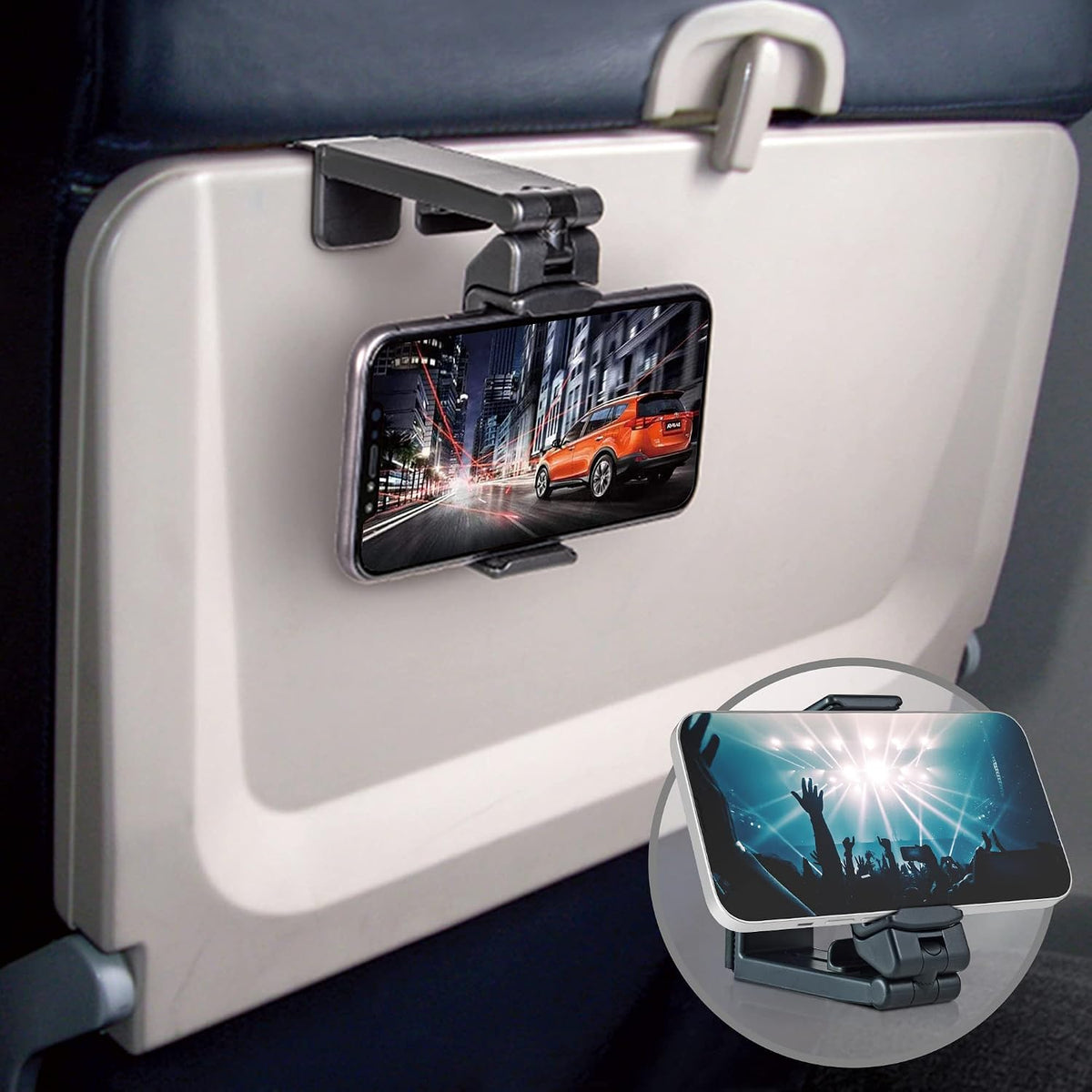 Travel Accessories, Universal Seat Back Tray Table Phone Clip Holder, Adjustable Pocket Size Hands Free Phone Holder Airplane Travel Essentials Compatible with iPhone and Android 2 Packs