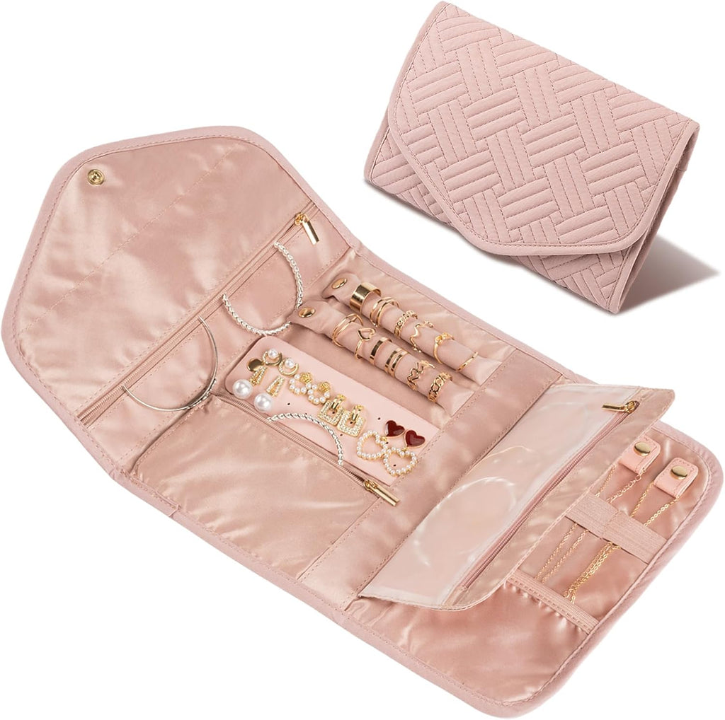 Amrules Travel Jewelry Roll Organizer Bag, Medium, Pink
