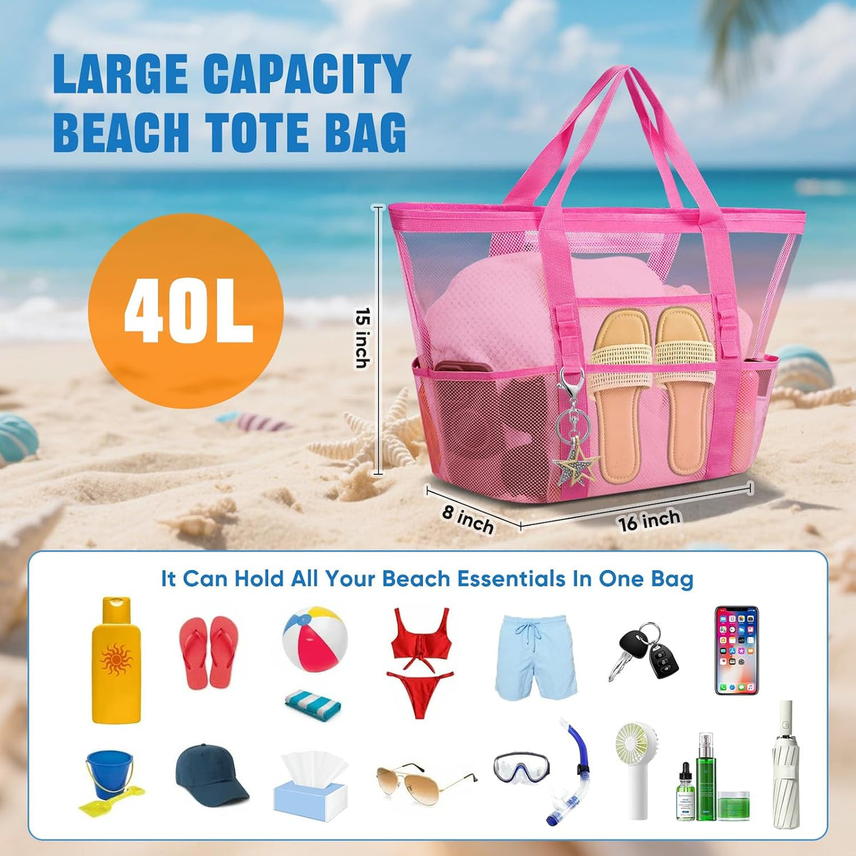 Large Mesh Beach Bag for Women, Sandproof 9-Pocket Beach Tote Bag, Quick-Drying Pool Bag for Travel Vacation