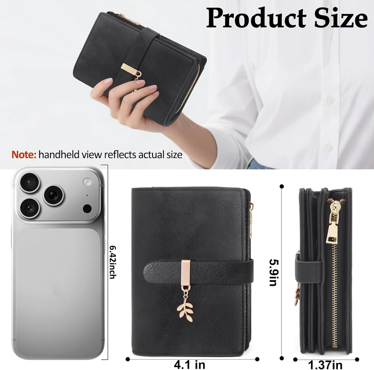 RFID Blocking Trifold Wallet for Women PU Leather Credit Card Holder Black
