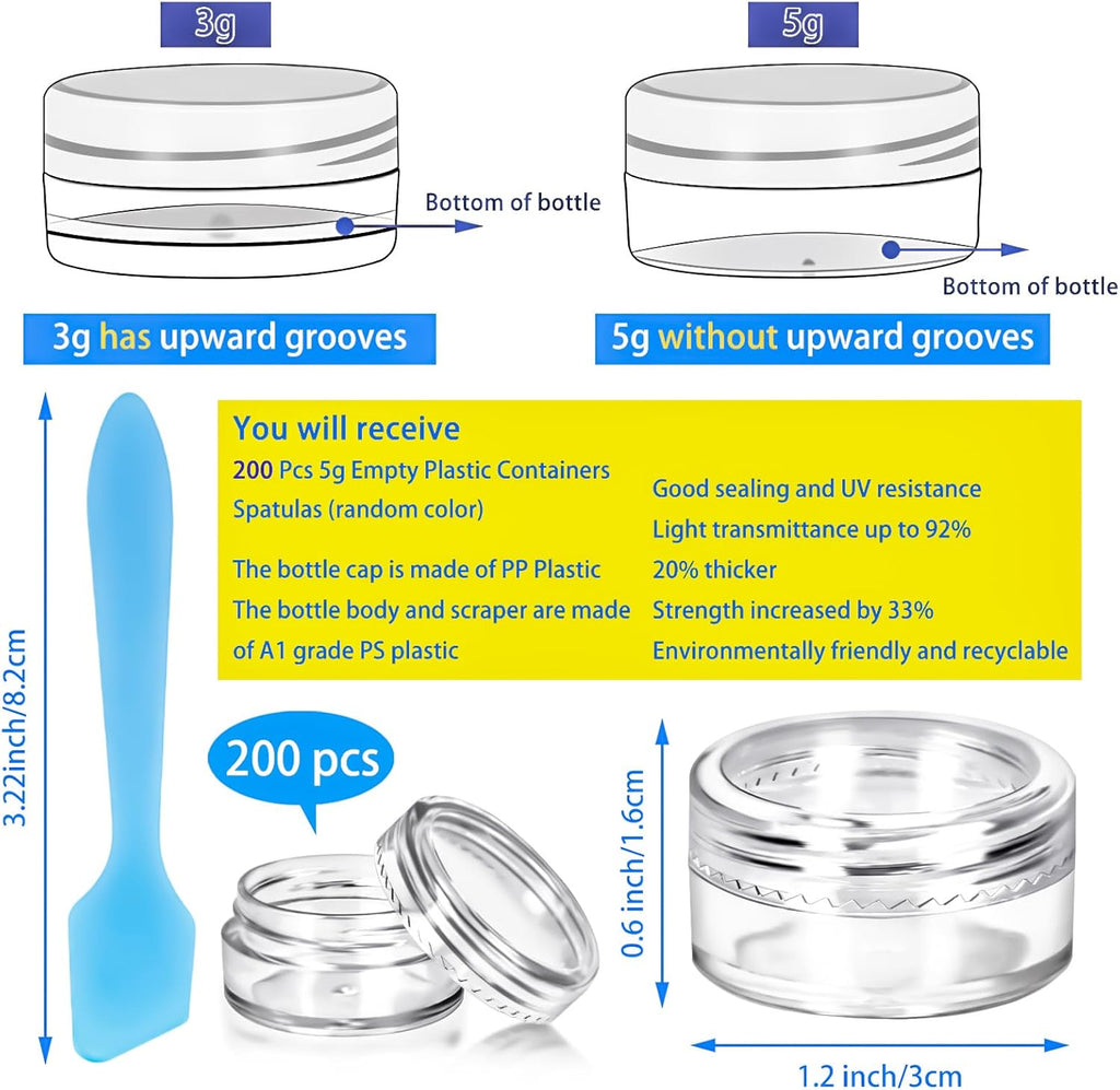 200 Pack 5g Plastic Jars with Lids, 5ml Round Clear Cosmetic Containers Makeup Jars, 5gram Travel Size Container Jar with Spatulas for Makeup Sample Lotion Cream Ointment Salve Balm Powder