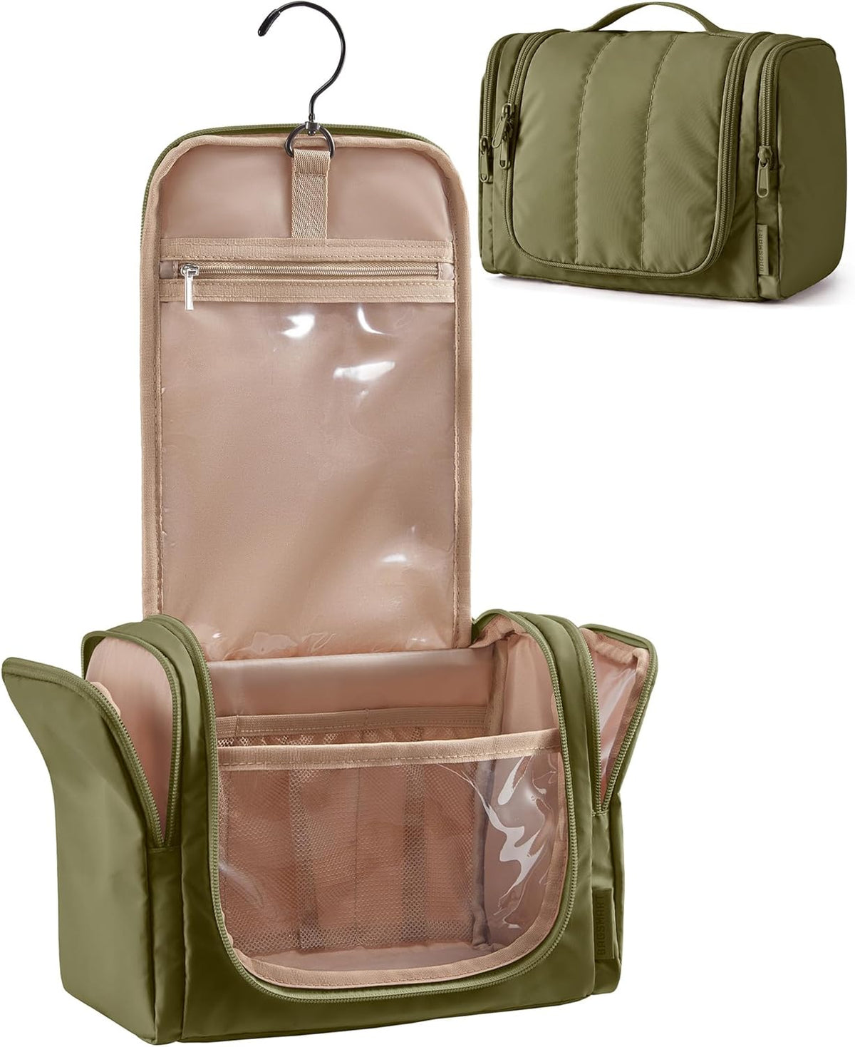 BAGSMART Travel Toiletry Bag for Women, Puffy Hanging Toiletry Bag with Hook, Water-resistant Toiletry Organizer for Full Sized Toiletries (Olive green)