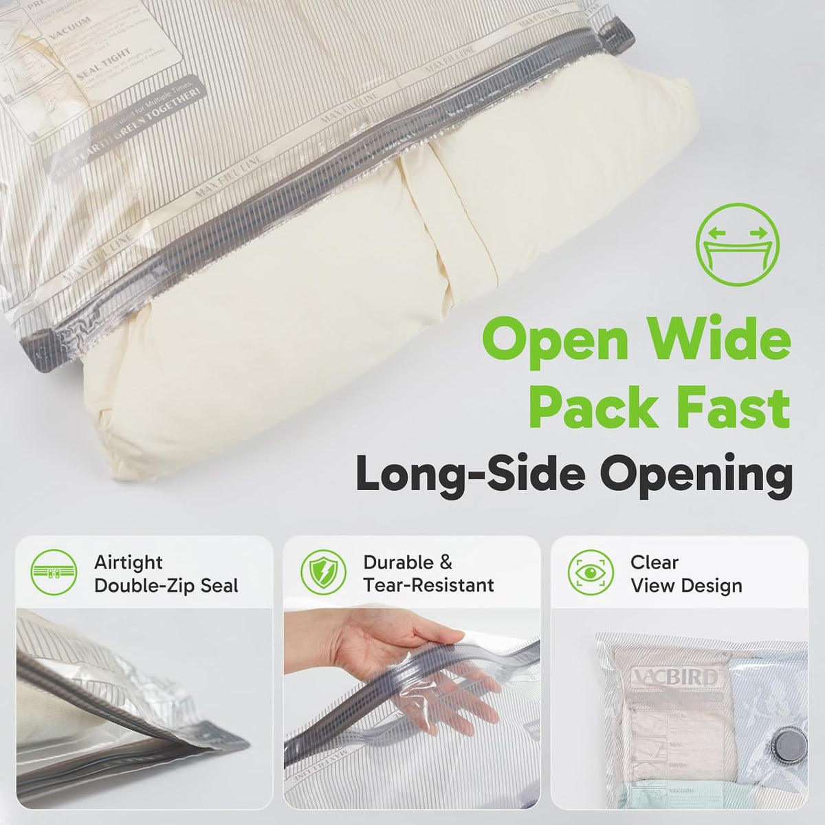 Vacbird Travel Vacuum Bags with USB Electric Pump, 12 Pack Vacuum Bags for Travel, Compression Vacuum Packing Bags for Luggage & Suitcase, Space Saving Travel Bags for Clothes and Clothing,Carry-On