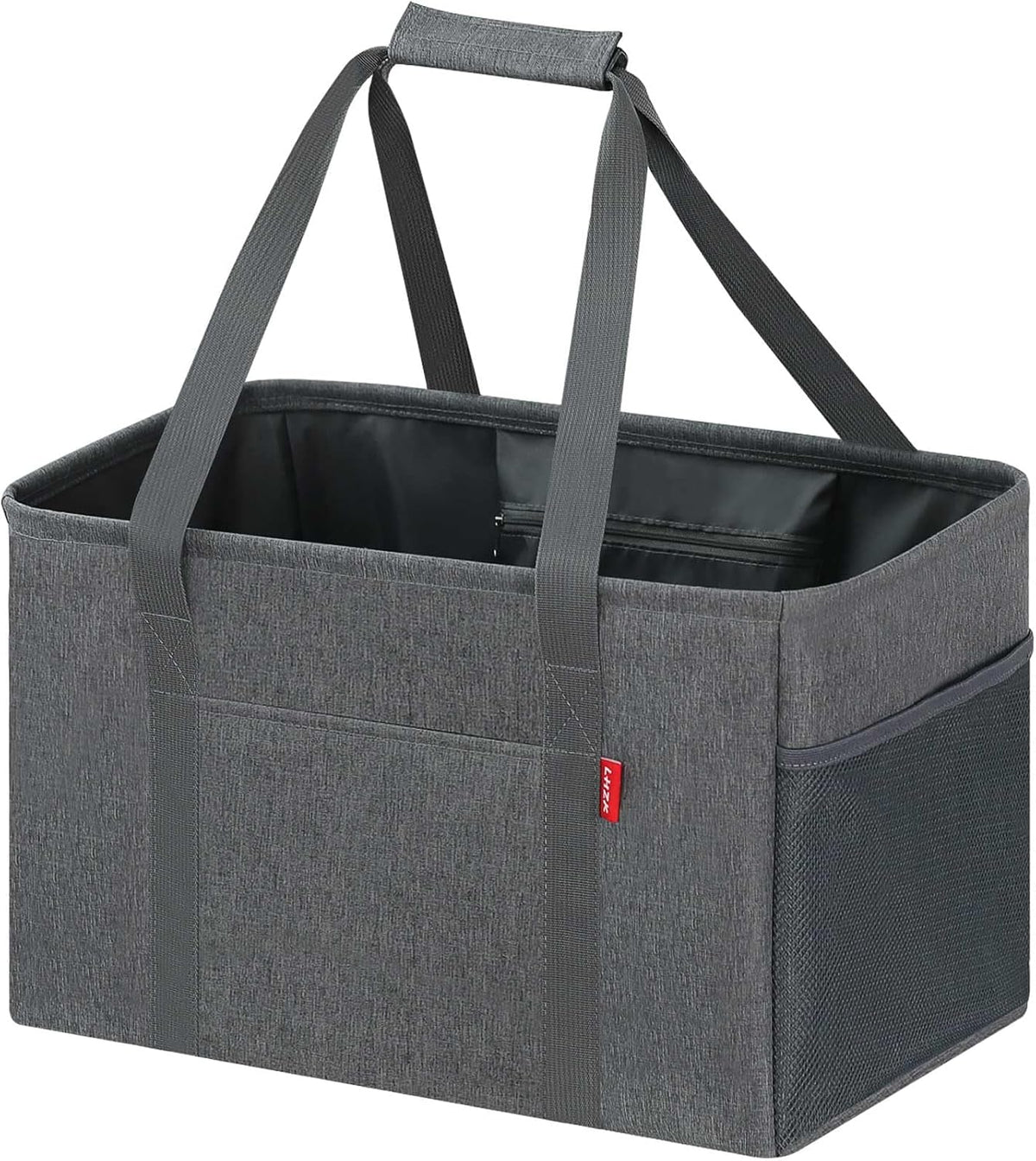 LHZK Standing Utility Tote Bag with Metal Wire Frame and the Sides Rinforced, Large Tote Bag with Handle, Reusable Grocery Bags Foldable, Beach Bag, Car Tote (Grey, 18.5''x11.8''x11.5'')