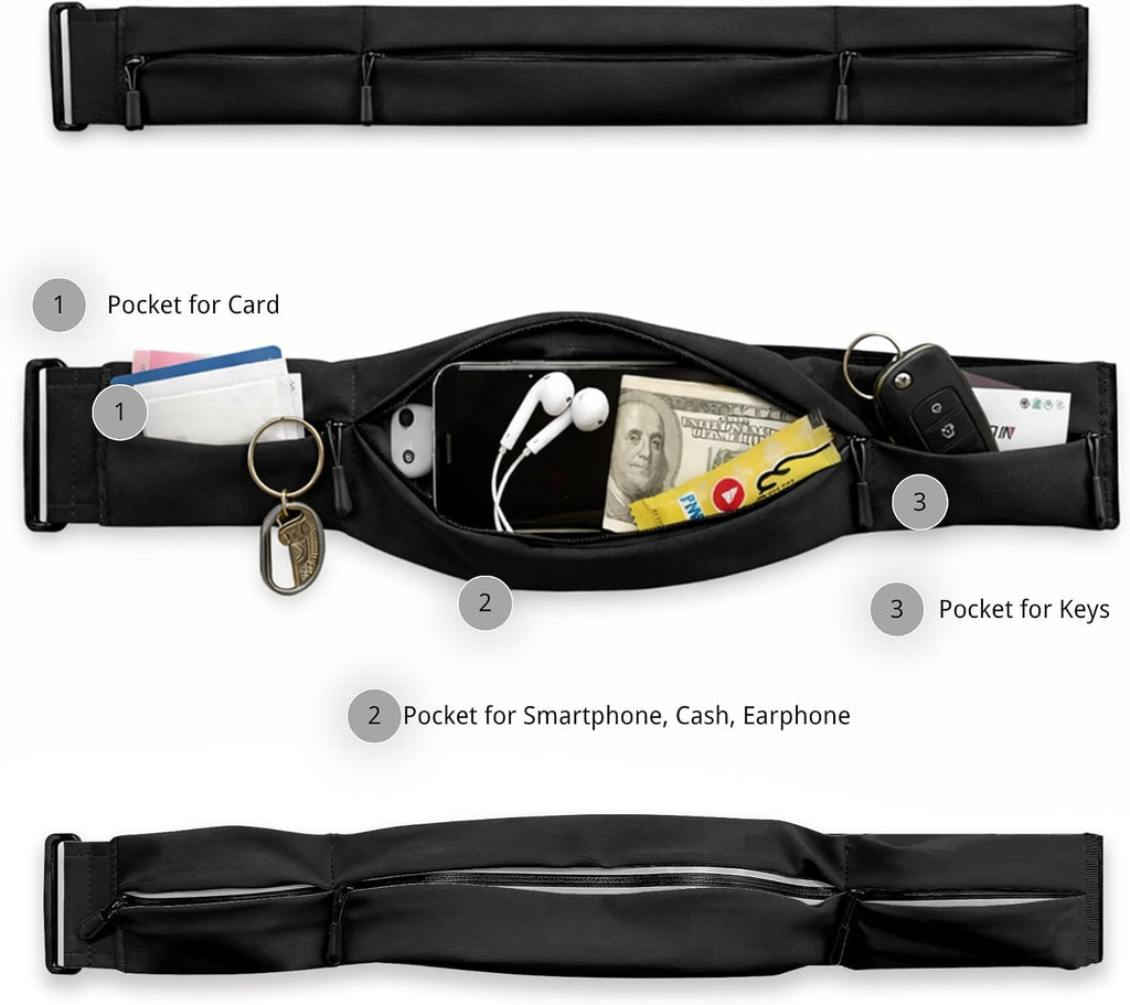 Running Belt for Men Women, Water-resistant Fanny Pack with 3 Zipper Pockets & Reflective Safety Strips, Adjustable Waist Pack Jogging Pouch for Phone, Keys & Essentials (Black, X-Large)