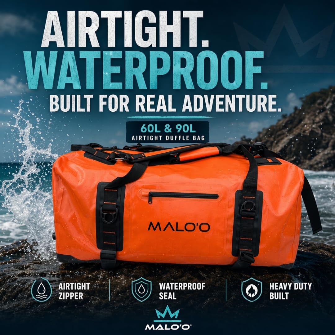 Malo’o Airtight Waterproof Adventure Duffle, Heavy Duty Submersible Dry Bag Duffel with Watertight Zipper and DryCore Technology, Waterproof Gear Bag, Black
