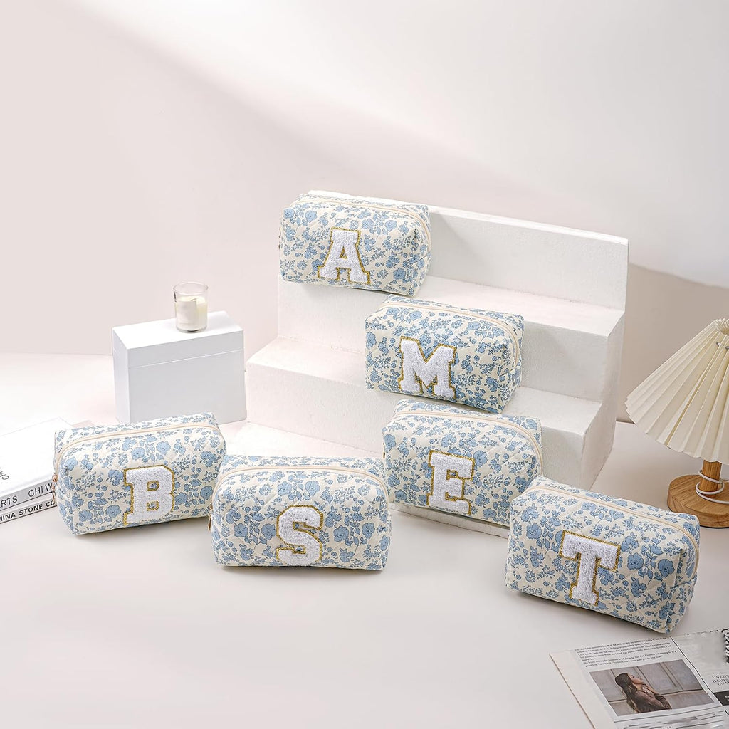 JOVAKIT Alphabet Makeup Bag Cosmetic Bag for Women, Christmas Gifts for Girls Age 6-18, Floral Flowers Coquette Travel Toiletry Zipper Make Up Pouch Organizer Trendy Stuff (Blue Floral W)