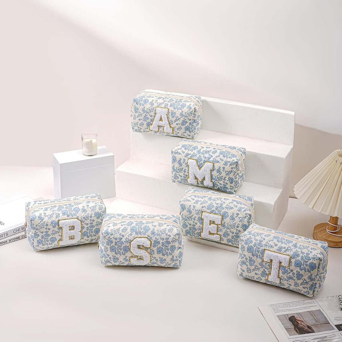 JOVAKIT Alphabet Makeup Bag Cosmetic Bag for Women, Christmas Gifts for Girls Age 6-18, Floral Flowers Coquette Travel Toiletry Zipper Make Up Pouch Organizer Trendy Stuff (Blue Floral W)