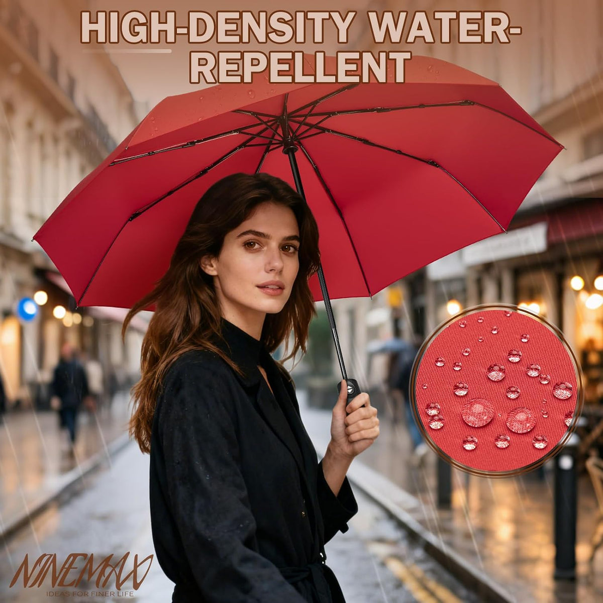 NINEMAX Windproof Travel Folding Umbrella for Men Women, Portable Compact Umbrellas Automatic Open and Close for Rain
