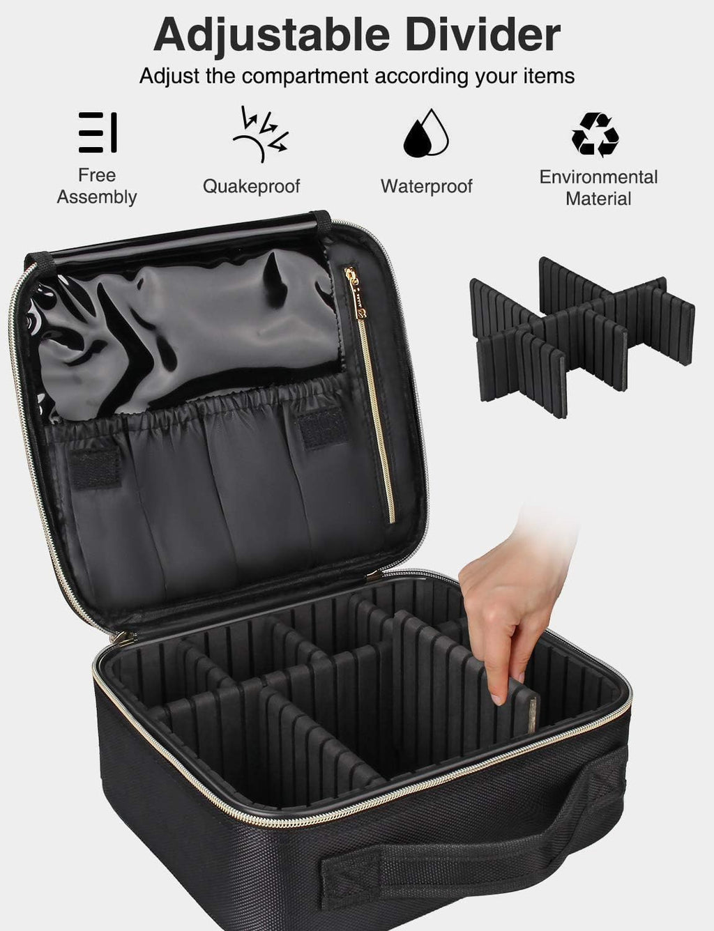 Relavel Travel Makeup Train Case Makeup Cosmetic Case Organizer Portable Artist Storage Bag with Adjustable Dividers for Cosmetics Makeup Brushes Toiletry, Black with Gold Zipper