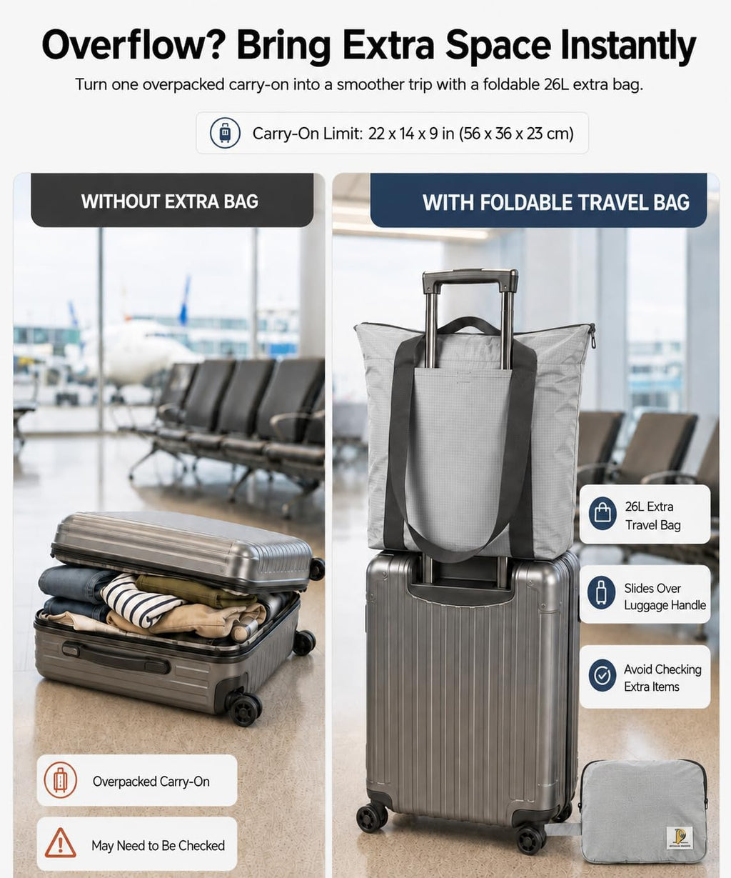 Foldable Travel Bag, 26L Lightweight Weekender Duffel, Expandable Second Carry-On Bag for Travel & Shopping, Water-Resistant Personal Item Bag, Gray