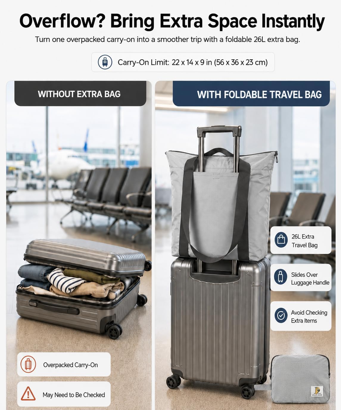 Foldable Travel Bag, 26L Lightweight Weekender Duffel, Expandable Second Carry-On Bag for Travel & Shopping, Water-Resistant Personal Item Bag, Gray