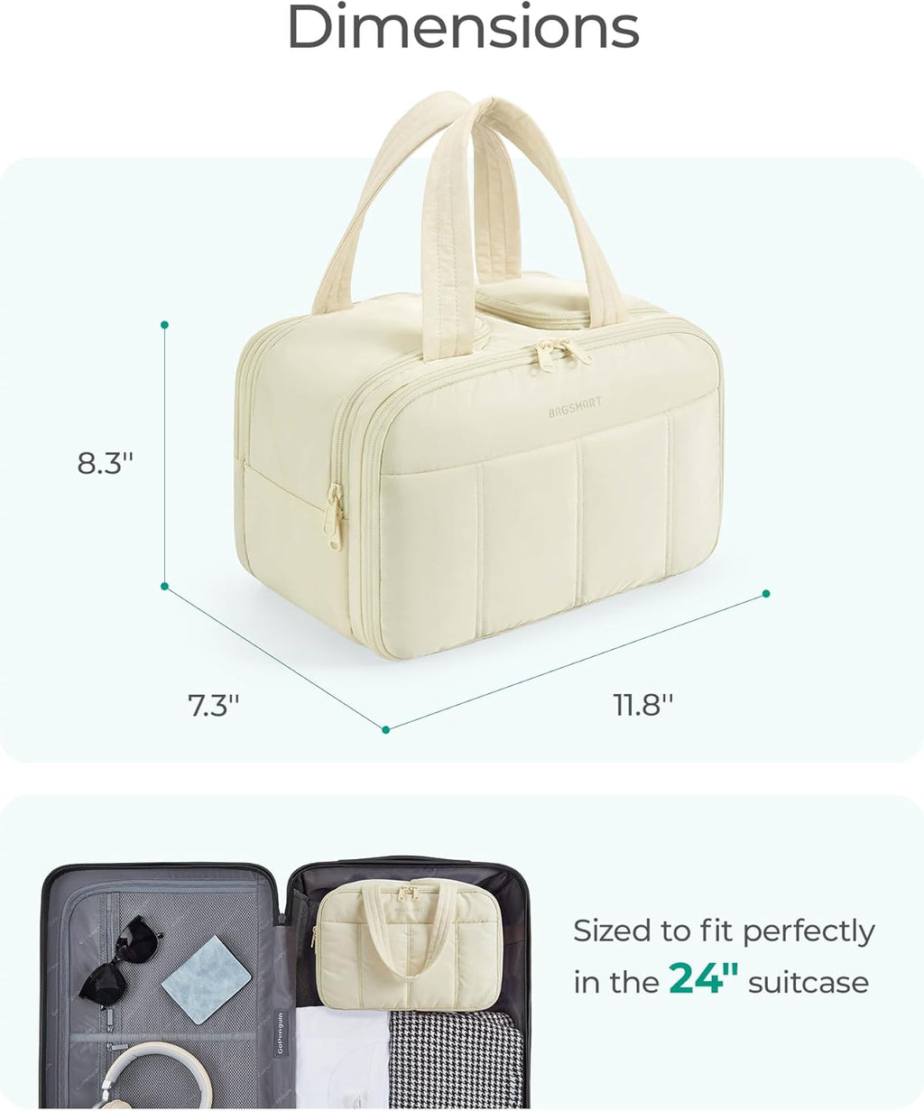 BAGSMART Travel Toiletry Bag, Puffy Large Toiletry Bag for Women, Lightweight Cosmetic Makeup Bag Organizer with Handle for Traveling, Accessories, Essentials, Toiletries （Beige