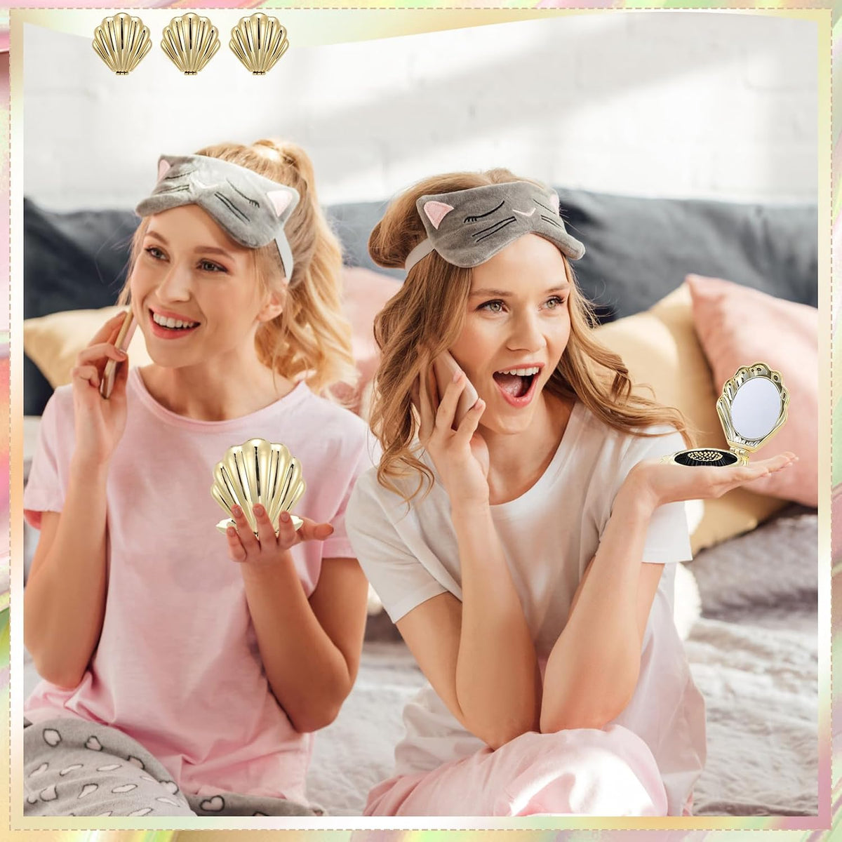 AceOrbit 6 Pcs Mermaid Party Favors Foldable Shell Hair Brush with Mirror Mini Travel Pocket Compact Hair Brush Makeup Comb for Women Girls Birthday Party Gifts(Gold)
