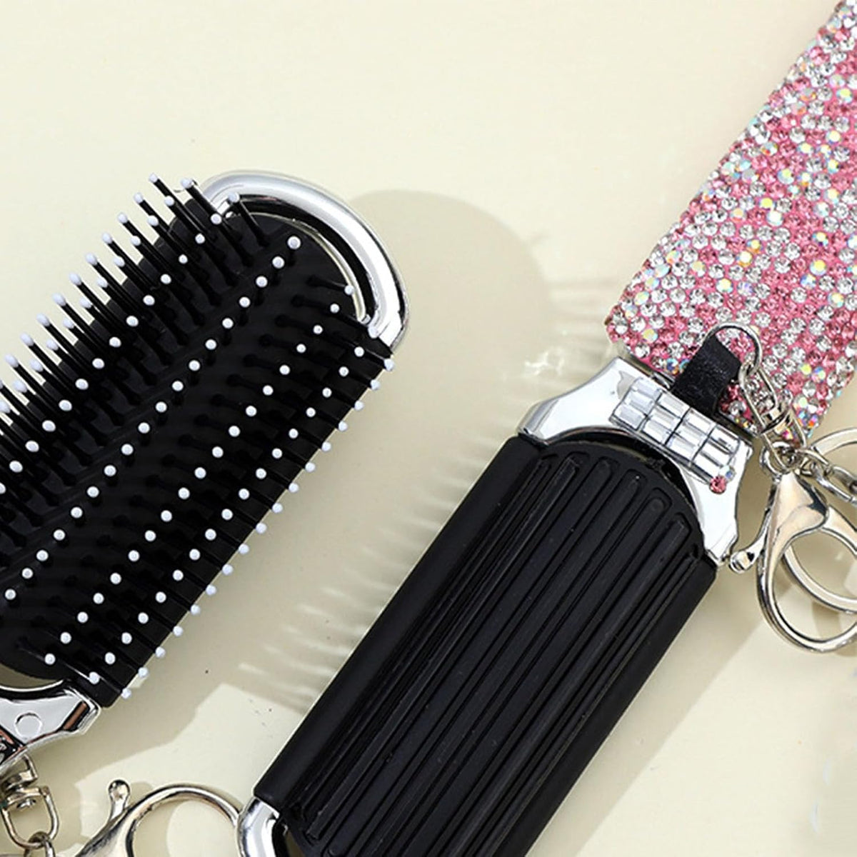 1 Pack Rhinestone Pocket Hair Brush with Mirror Bling Travel Folding Combs Sparkle Portable Collapsible Compact Comb for Women Wedding Party Silver White (No Chain-Pink)