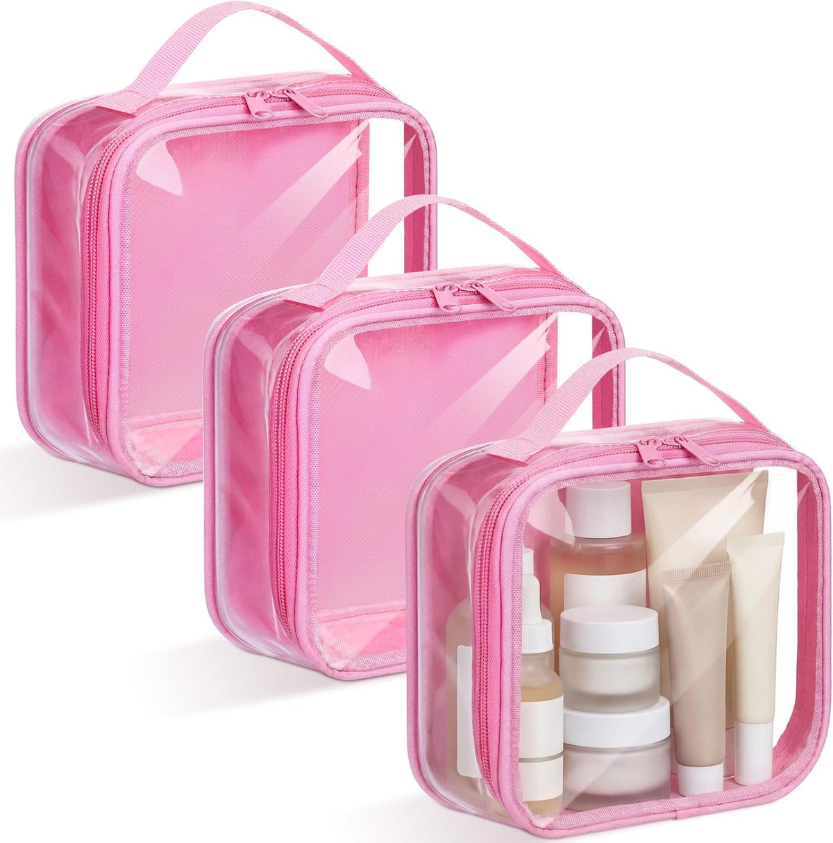 Abbylike 3 Pcs Small Toiletry Bags Reusable Quart Size Travel Liquid Pouch Single-sided Clear PVC Carry-on Organizer with Handle Cosmetic Bags for Airport Security Women Men(Pink)