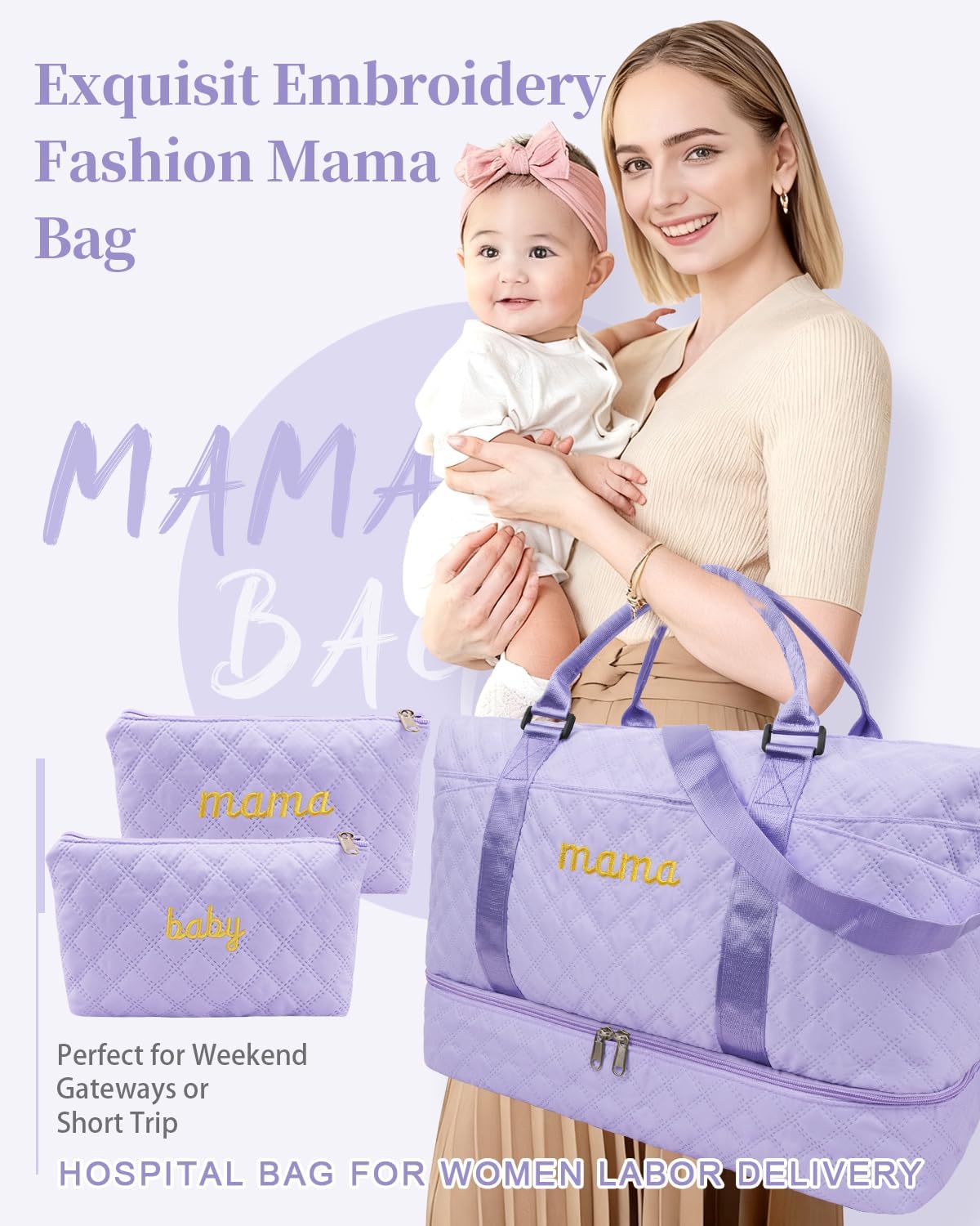 Mama Baby Pregnancy Hospital Bag Essentials for Women Labor Delivery Diaper Organizer with Shoe Compartment,2 Waterproof Toiletry Pouch Travel Duffle Bag for Mommy Weekender Overnight Gym Gifts,Purple