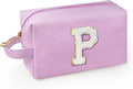 Personalized Initial Makeup Bag with Handle, Preppy Cosmetic Bag with Inner Zipper Pocket, 8 9 10 11 12 13 14 Years Old Girl, Graduation Gifts for Teen Girls Women Teachers (P, Purple)