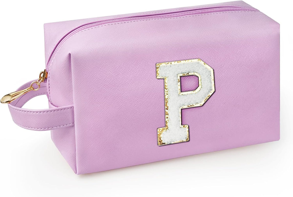 Personalized Initial Makeup Bag with Handle, Preppy Cosmetic Bag with Inner Zipper Pocket, 8 9 10 11 12 13 14 Years Old Girl, Graduation Gifts for Teen Girls Women Teachers (P, Purple)