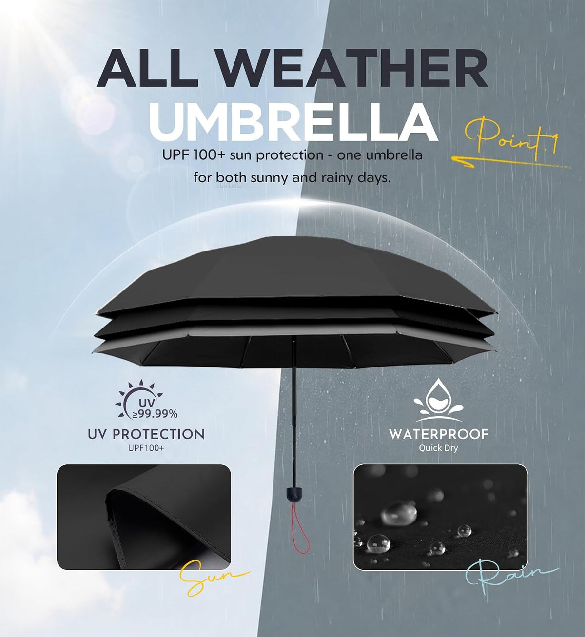 Umbrella Travel Size Mini Compact for Rain, UPF 100+ UV Protection