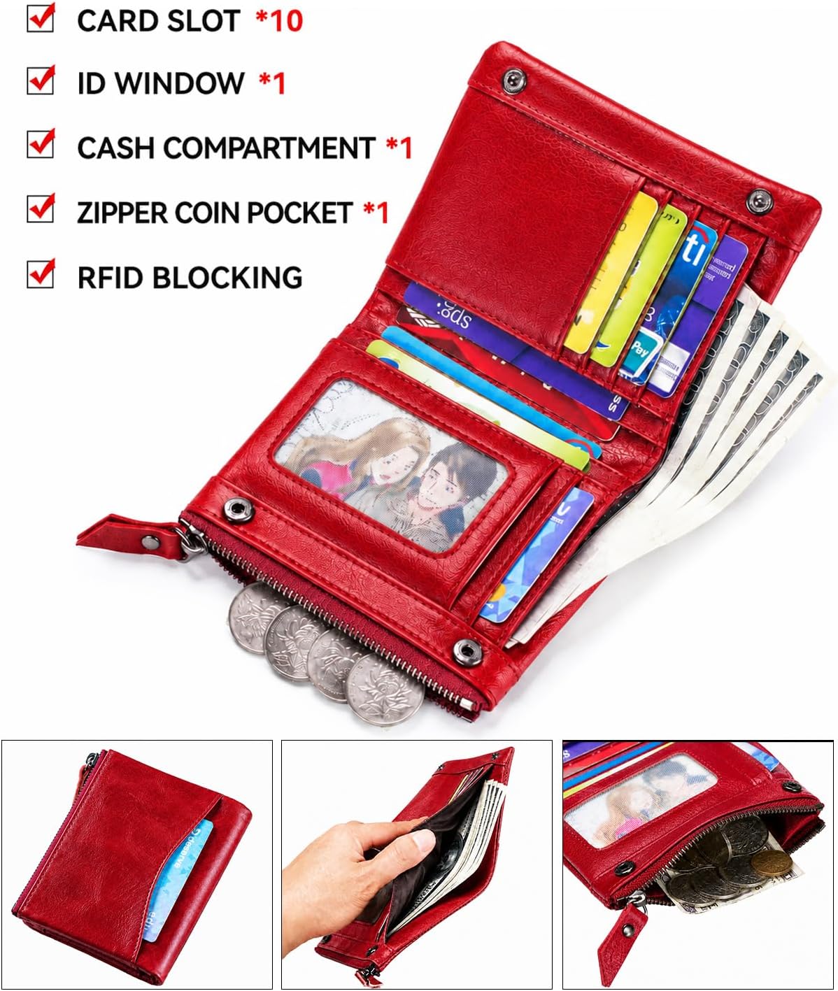 Wallet for Women, RFID Blocking Leather Zip Wallet, 10 Card Slots