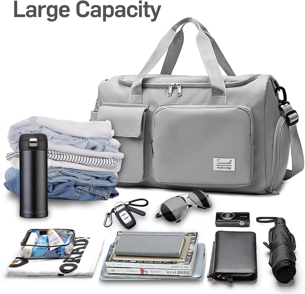 Suruid Gym Bag with Shoe Compartment, Sports Duffle Bag for Women, Gray