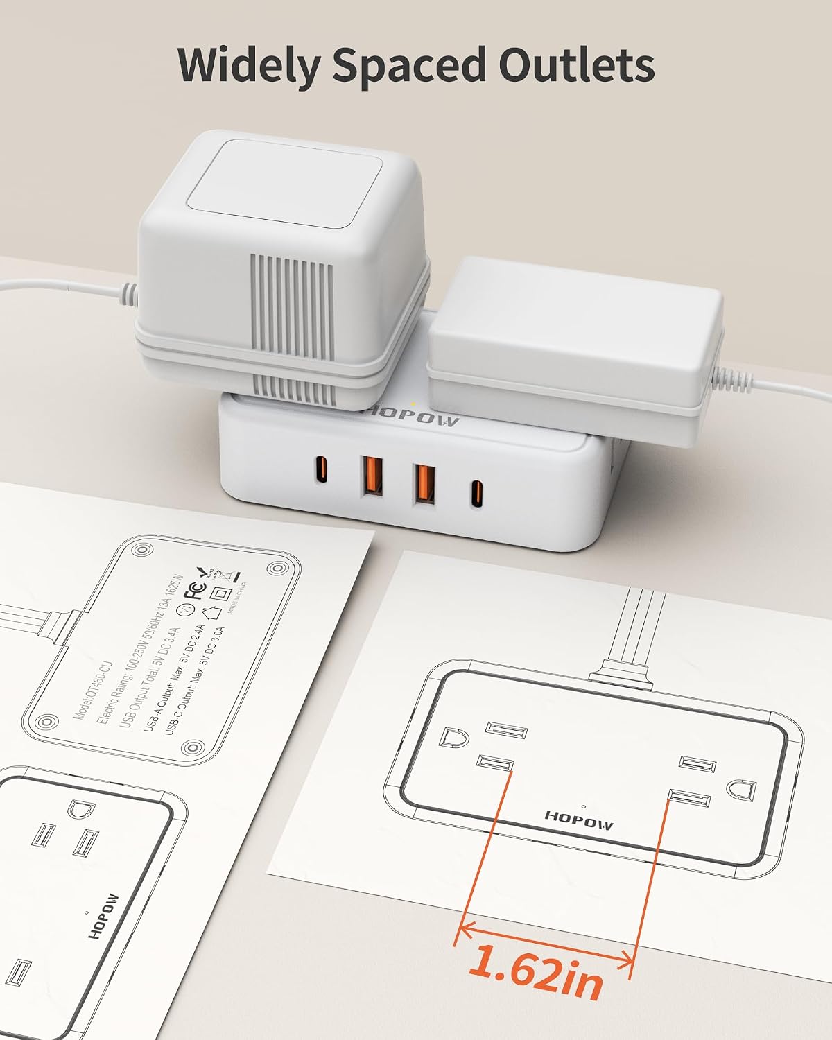 HOPOW Flat Plug Extension Cord, 4AC&2A2C, 3 FT Power Strip for Travel