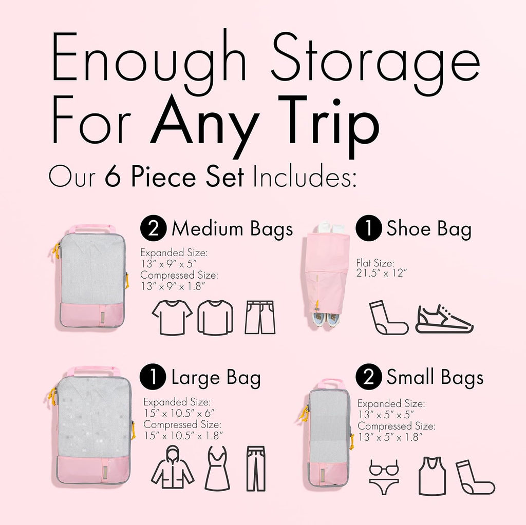 (Not Made In China) Compression Packing Cubes For Travel, Lightweight Organizer Bags for Suitcases and Luggage, 6pc set