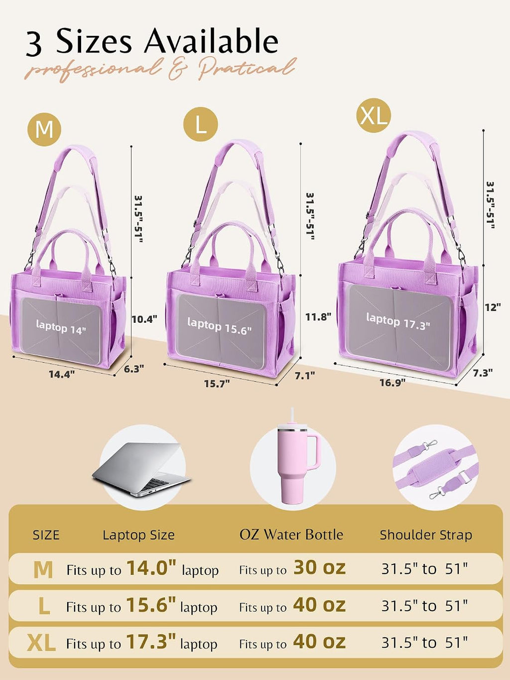 BESBESME Canvas Tote Bag for Women with Zipper, Work Laptop Purse with Compartments & Luggage Sleeve, Adjustable Strap