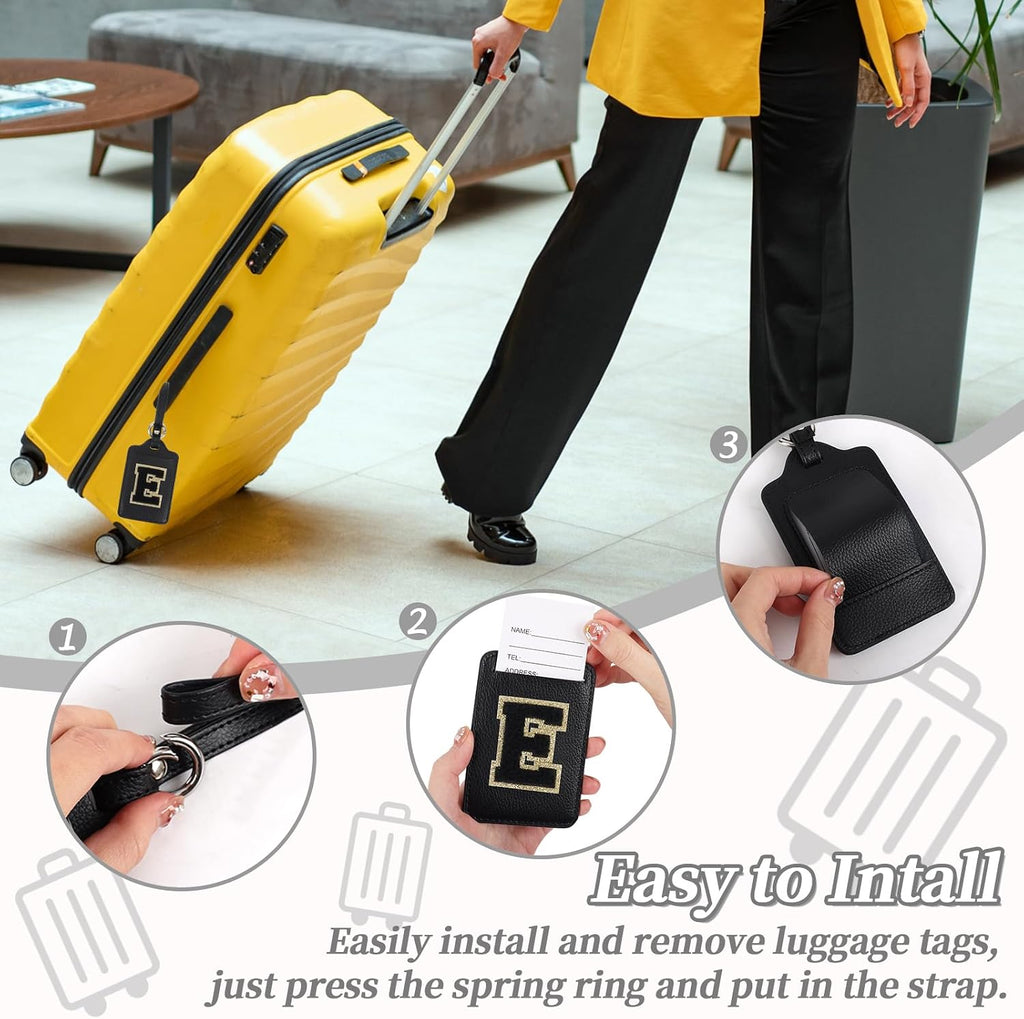 Personalized Initial A-Z Luggage Tag for Suitcases, PU Leather Luggage Tags with Privacy Cover Name Card, Black Cute Monogrammed Funny Luggage Baggage TSA Approved Tags for Women Kids(1 PACK Letter E)