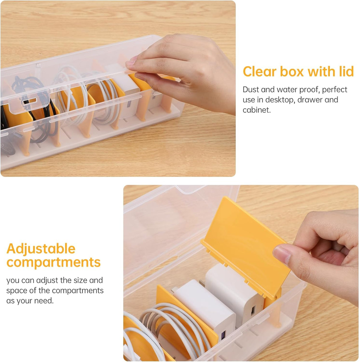 PAVSTINE Clear Cable Organizer Box with Lid and Adjustable Dividers