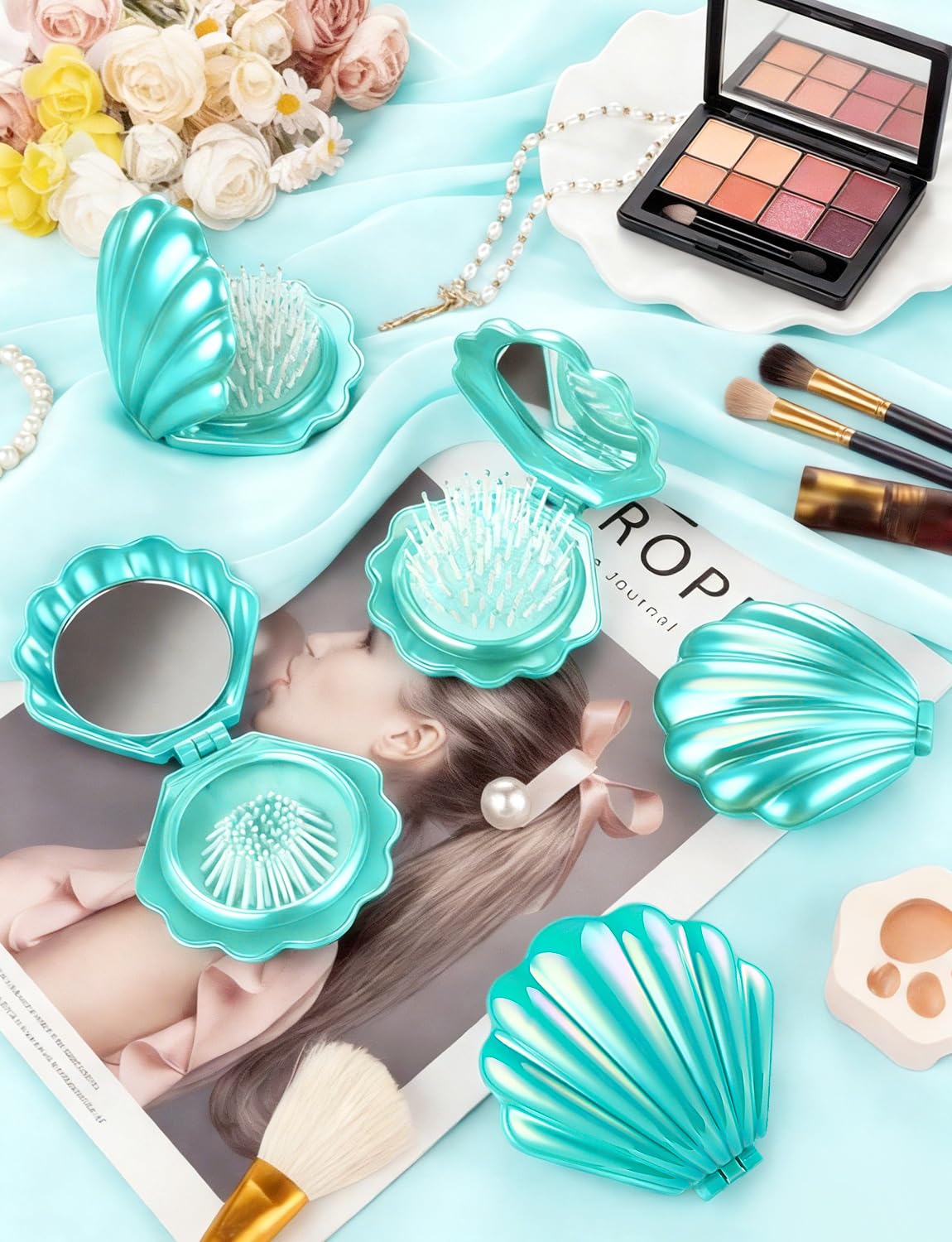 8 Pcs Foldable Travel Shell Hair Brush with Mirror