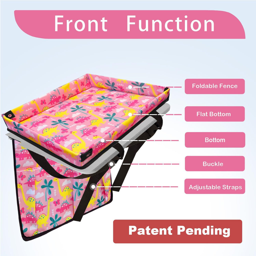 Adjustable Kids Tray Table Cover with Multi Portable Pockets, Airplane Travel Essentials for Kids, Toddlers, Adults, Airplane Must Haves, Plane Travel Essentials, Tray for Plane Train, Pink Dinosaur